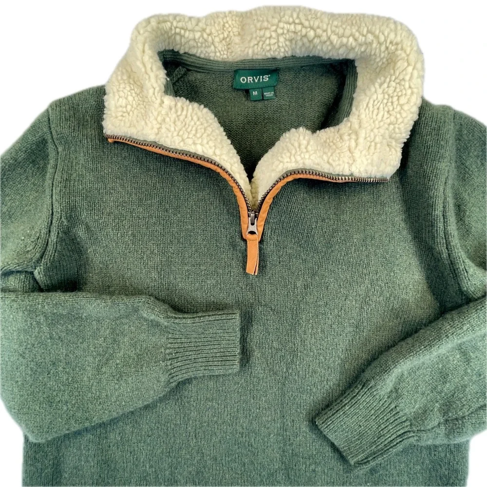 Orvis Quarter Zip Sherpa Collar Lambswool Sweater Size M Green Leather Trim Fall